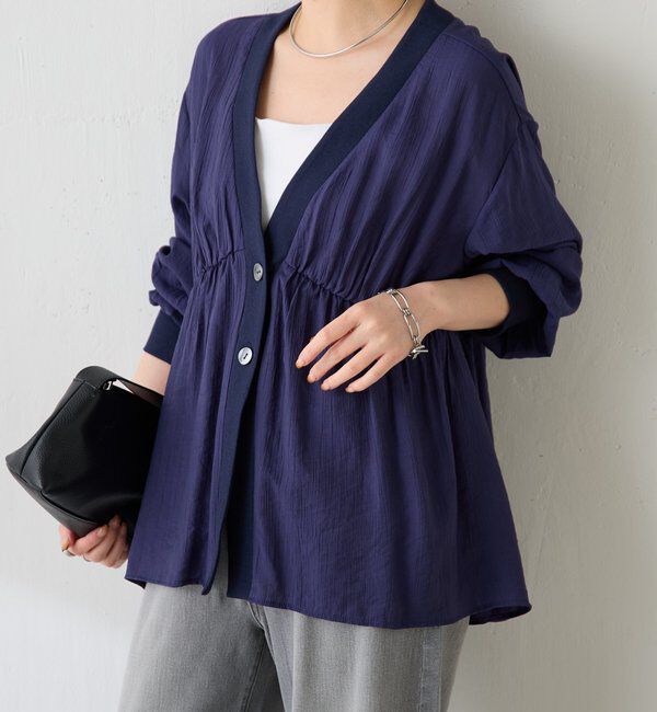  「《1枚で着映える》ギャザー切替シアーシャツカーディガン」|カーディガン|