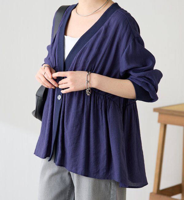  「《1枚で着映える》ギャザー切替シアーシャツカーディガン」|カーディガン|