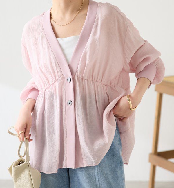  「《1枚で着映える》ギャザー切替シアーシャツカーディガン」|カーディガン|ピンク