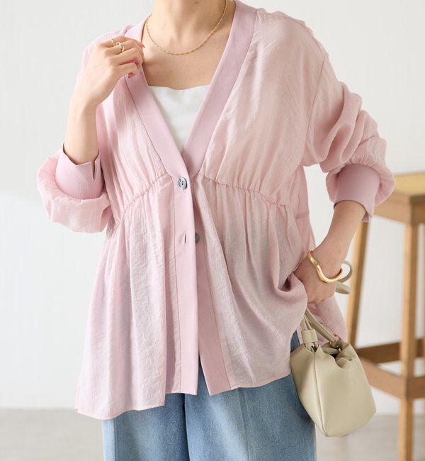  「《1枚で着映える》ギャザー切替シアーシャツカーディガン」|カーディガン|