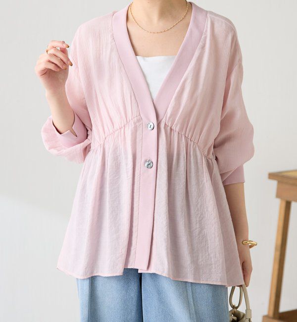  「《1枚で着映える》ギャザー切替シアーシャツカーディガン」|カーディガン|
