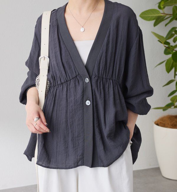  「《1枚で着映える》ギャザー切替シアーシャツカーディガン」|カーディガン|