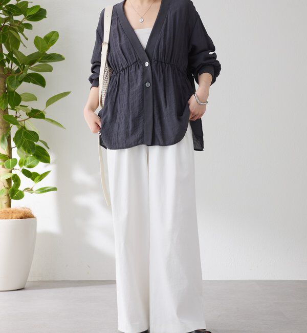  「《1枚で着映える》ギャザー切替シアーシャツカーディガン」|カーディガン|