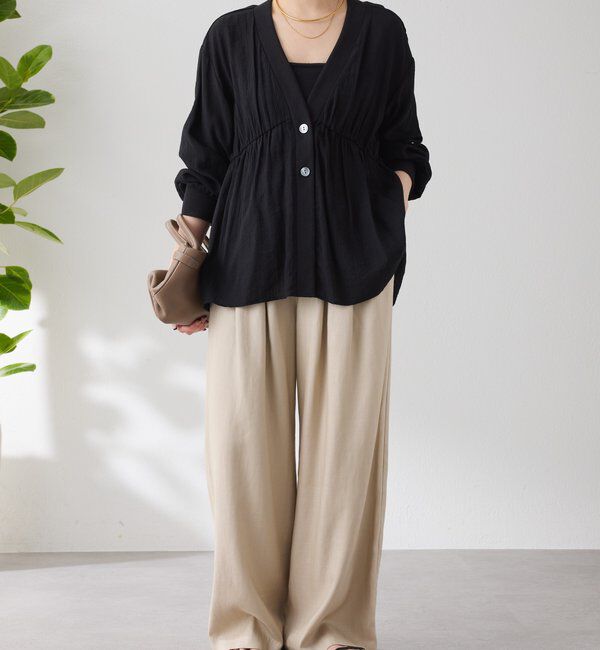  「《1枚で着映える》ギャザー切替シアーシャツカーディガン」|カーディガン|