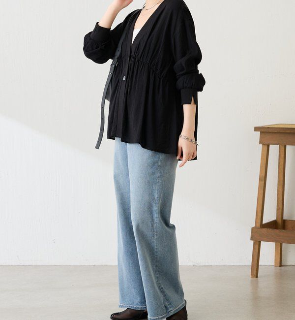  「《1枚で着映える》ギャザー切替シアーシャツカーディガン」|カーディガン|