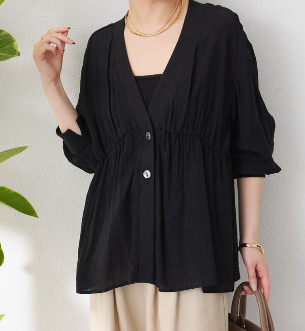  「《1枚で着映える》ギャザー切替シアーシャツカーディガン」|カーディガン|