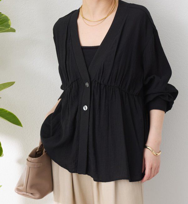  「《1枚で着映える》ギャザー切替シアーシャツカーディガン」|カーディガン|