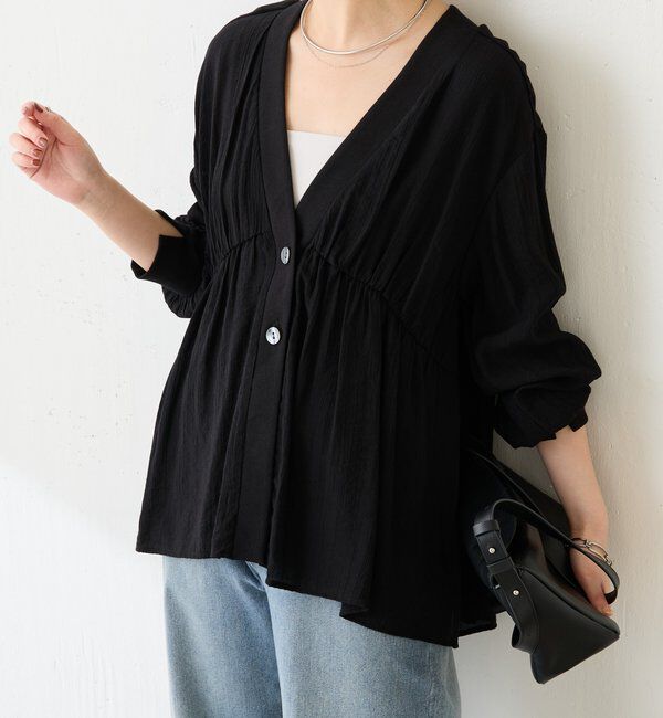  「《1枚で着映える》ギャザー切替シアーシャツカーディガン」|カーディガン|