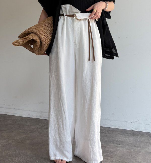  「ウエストギャザーリネン混パンツ」|チノ|オフホワイト