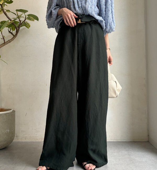  「ウエストギャザーリネン混パンツ」|チノ|ダークグリーン