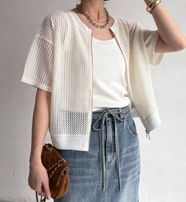  「【WEB限定】メッシュジップ半袖ブルゾン」|ブルゾン・スタジャン|アイボリー