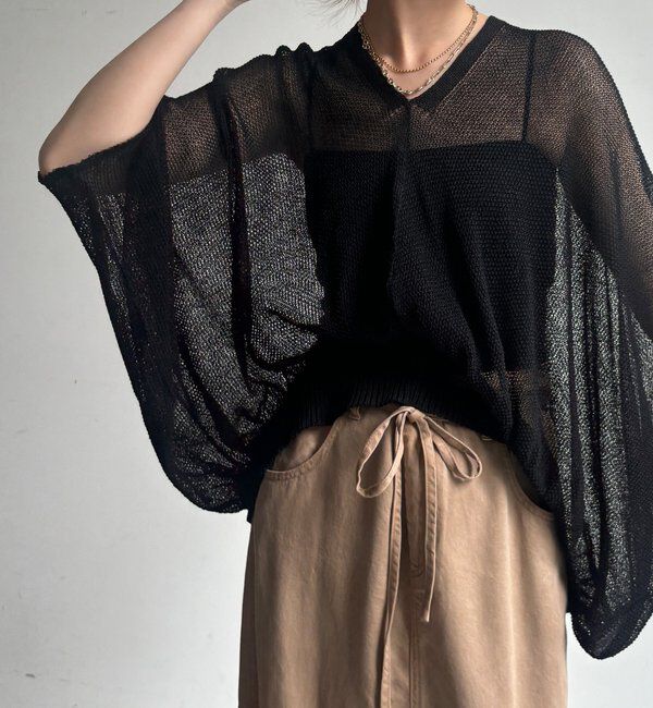  「【WEB限定】ストローヤーンカノコ柄ポンチョニツト」|ニット・セーター|ブラック