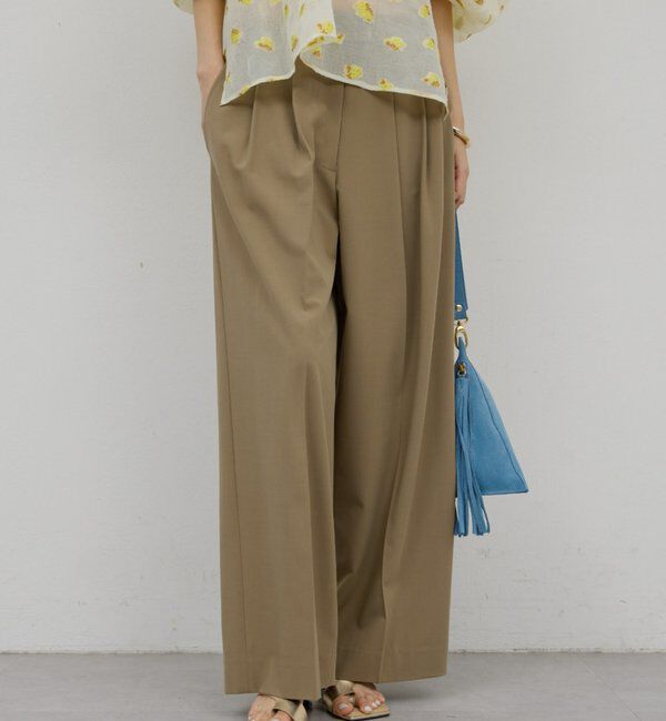  「【ウエスト調整可能】【手洗い可】梳毛タックワイドパンツ」|チノ|