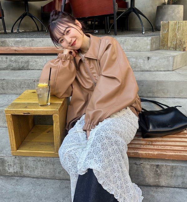  「バルーンスリーブフェイクレザーブルゾン」|ブルゾン・スタジャン|