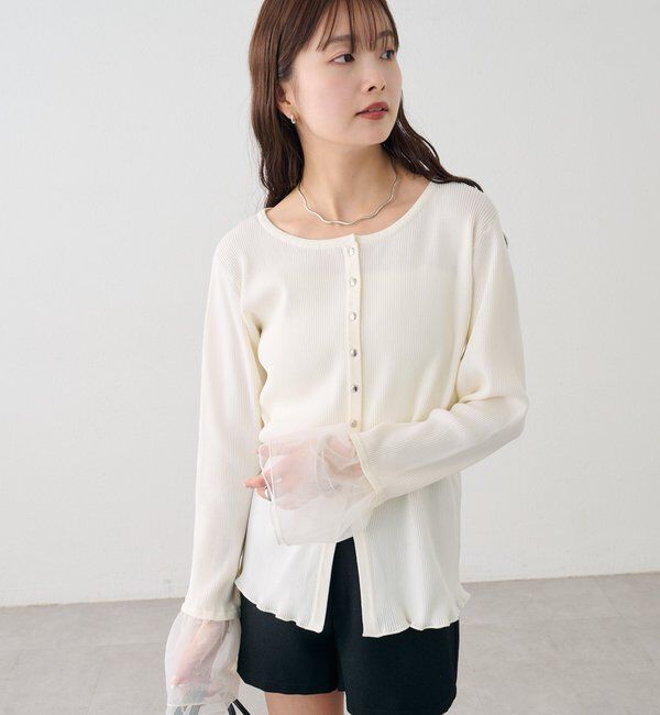  「袖チュール付きリブカーディガン」|カーディガン|