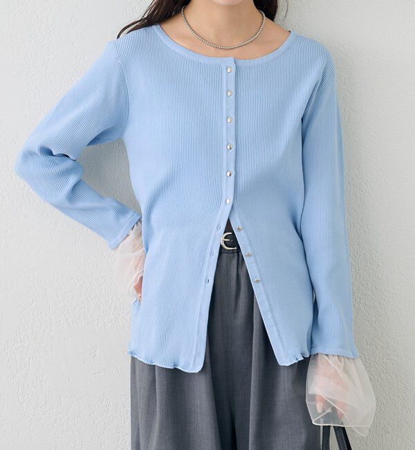  「袖チュール付きリブカーディガン」|カーディガン|
