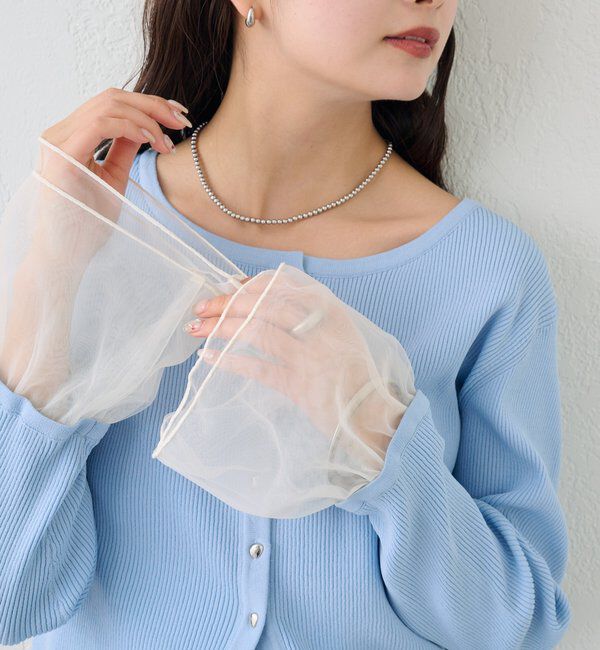  「袖チュール付きリブカーディガン」|カーディガン|