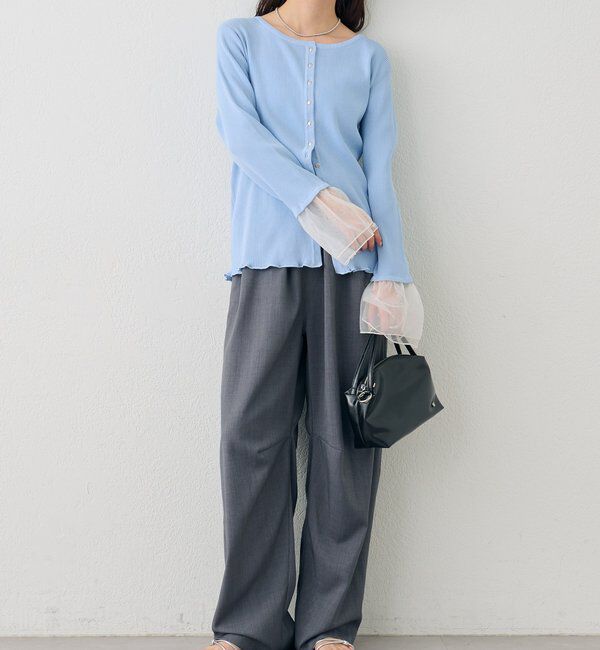  「袖チュール付きリブカーディガン」|カーディガン|