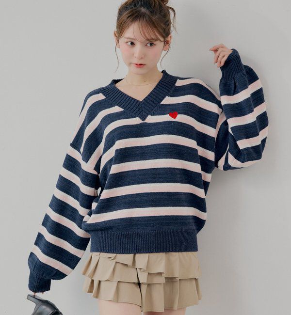  「Vネックボーダールーズニット」|ニット・セーター|ブルーその他3
