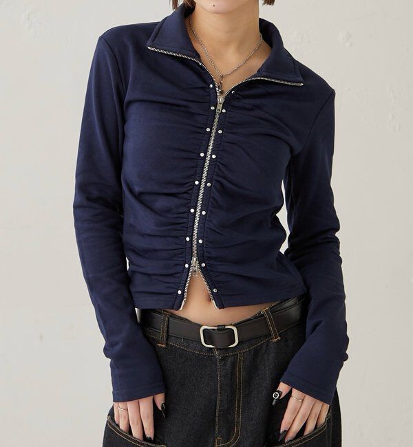  「スタッズジップギャザートップス」|Tシャツ・カットソー|