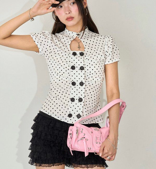  「Wボタンギャザーブラウス(ドット柄・無地)」|シャツ・ブラウス|ホワイト