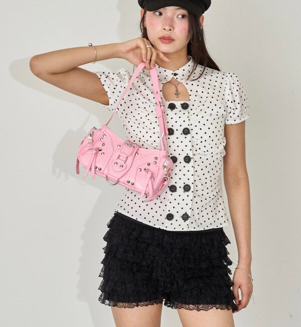  「Wボタンギャザーブラウス(ドット柄・無地)」|シャツ・ブラウス|