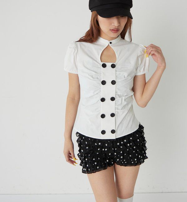  「Wボタンギャザーブラウス(ドット柄・無地)」|シャツ・ブラウス|