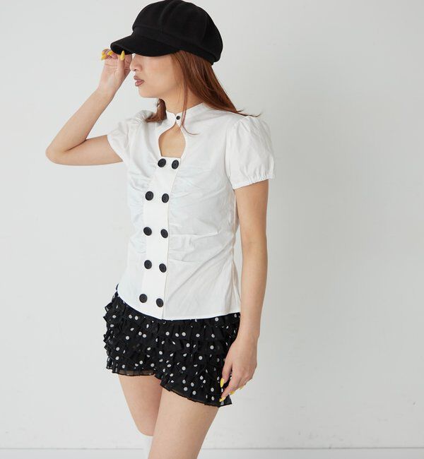  「Wボタンギャザーブラウス(ドット柄・無地)」|シャツ・ブラウス|