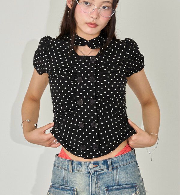  「Wボタンギャザーブラウス(ドット柄・無地)」|シャツ・ブラウス|