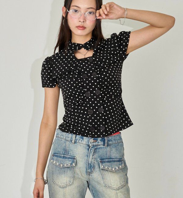  「Wボタンギャザーブラウス(ドット柄・無地)」|シャツ・ブラウス|