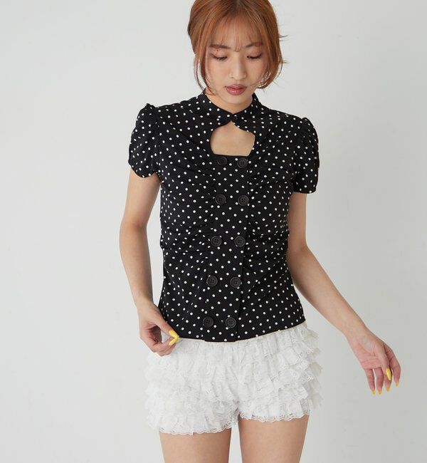  「Wボタンギャザーブラウス(ドット柄・無地)」|シャツ・ブラウス|
