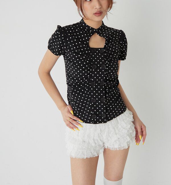  「Wボタンギャザーブラウス(ドット柄・無地)」|シャツ・ブラウス|