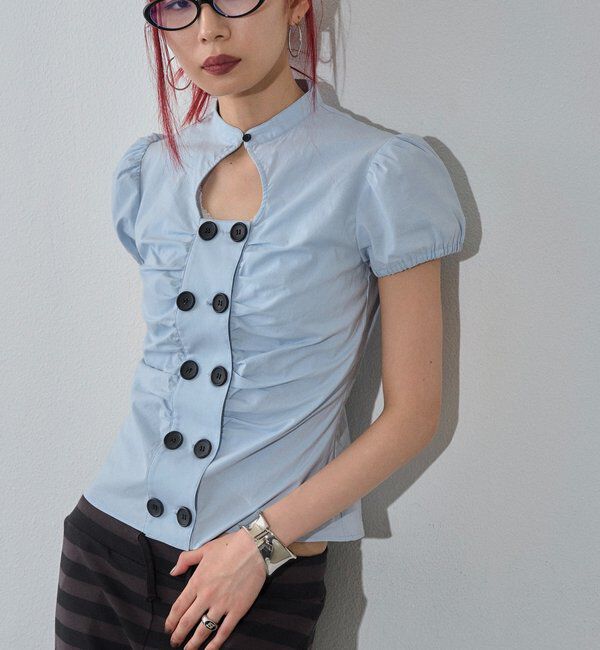  「Wボタンギャザーブラウス(ドット柄・無地)」|シャツ・ブラウス|