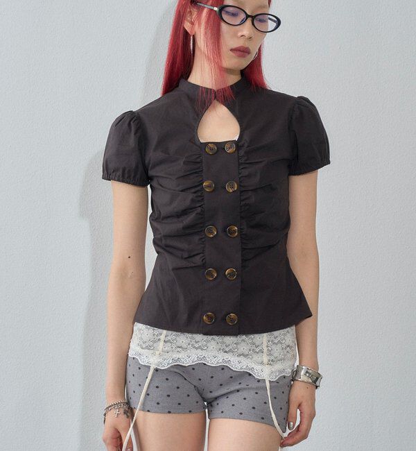  「Wボタンギャザーブラウス(ドット柄・無地)」|シャツ・ブラウス|