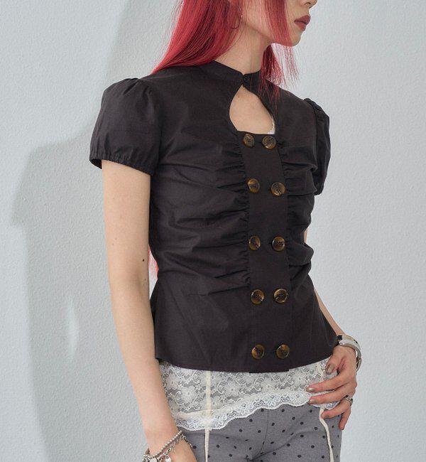  「Wボタンギャザーブラウス(ドット柄・無地)」|シャツ・ブラウス|