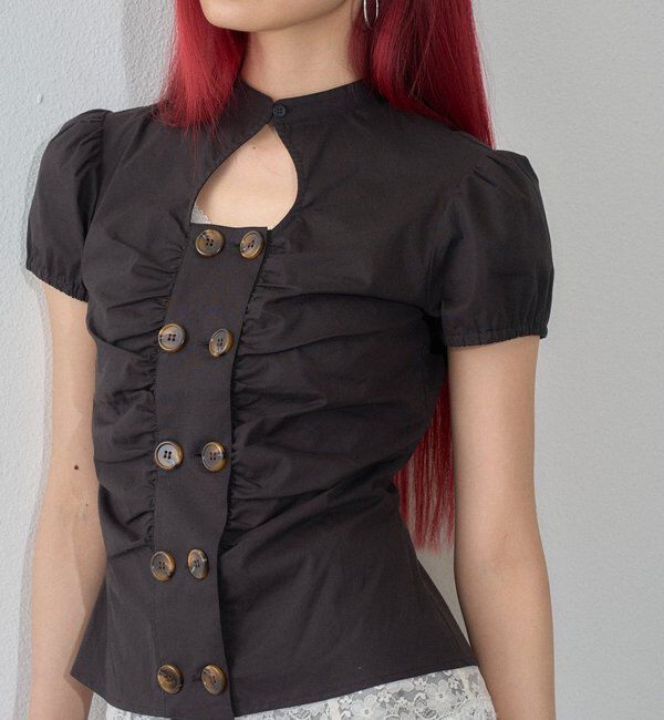  「Wボタンギャザーブラウス(ドット柄・無地)」|シャツ・ブラウス|