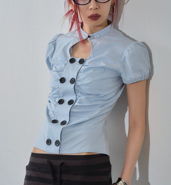  「Wボタンギャザーブラウス(ドット柄・無地)」|シャツ・ブラウス|サックスブルー