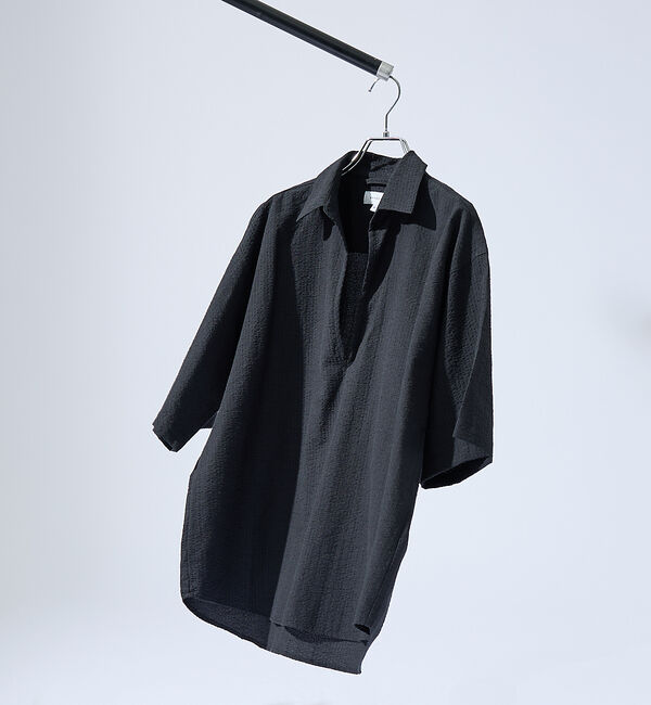 ABAHOUSE「サッカーストライプ スキッパーシャツ / オーバーサイズ / 半袖シャツ」|シャツ・ブラウス|ブラック系その他1