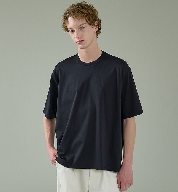 ABAHOUSE「KNIT COLLAR コットンポンチ クルーネック半袖Tシャツ / リラックス」|Tシャツ・カットソー|ブラック