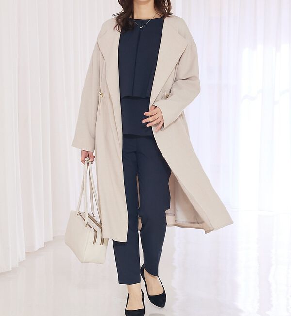 abahouse mavie「【春アウター】ノーカラーコート/通勤/きれいめ/ロング/セミオケ/春服」|ノーカラーコート|グレージュ