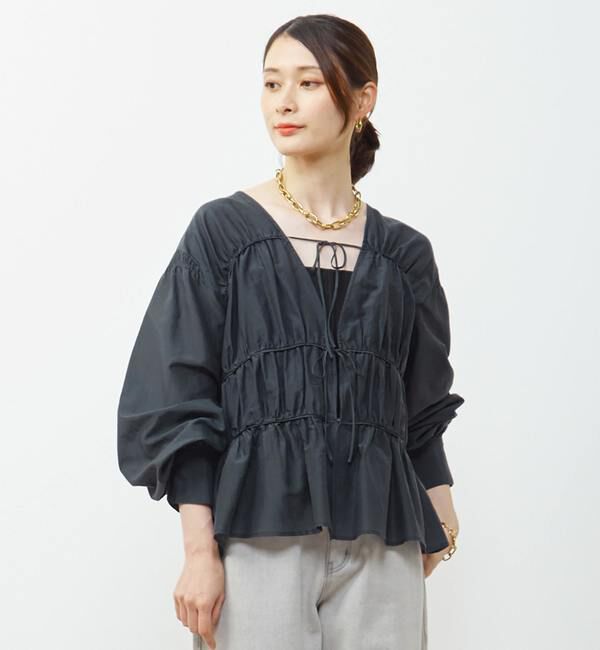 Soffitto「綿シルク前後2WAYリボンギャザーブラウス」|シャツ・ブラウス|ネイビー
