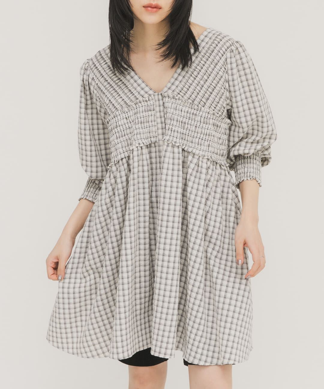  「2WAYシャーリングチェックミニワンピース」|ワンピース|