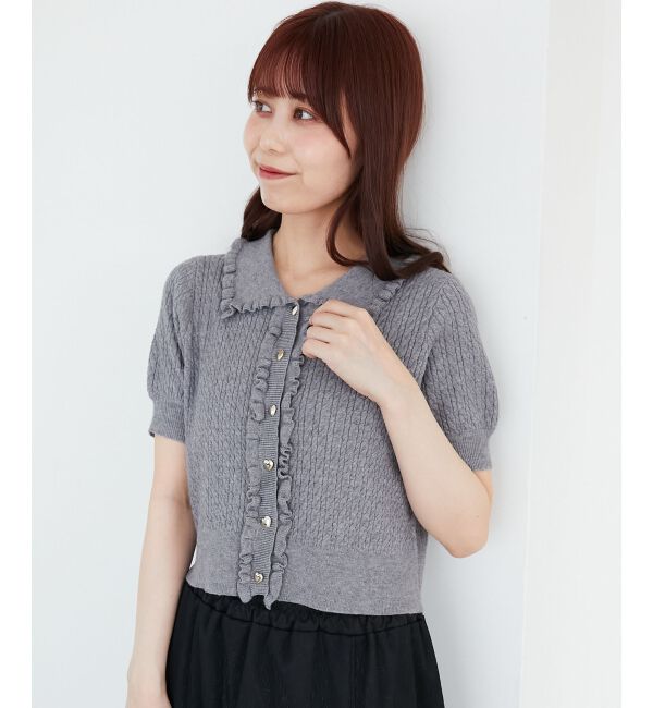  「ミニケーブルフリルニットカーデ」|カーディガン|グレー