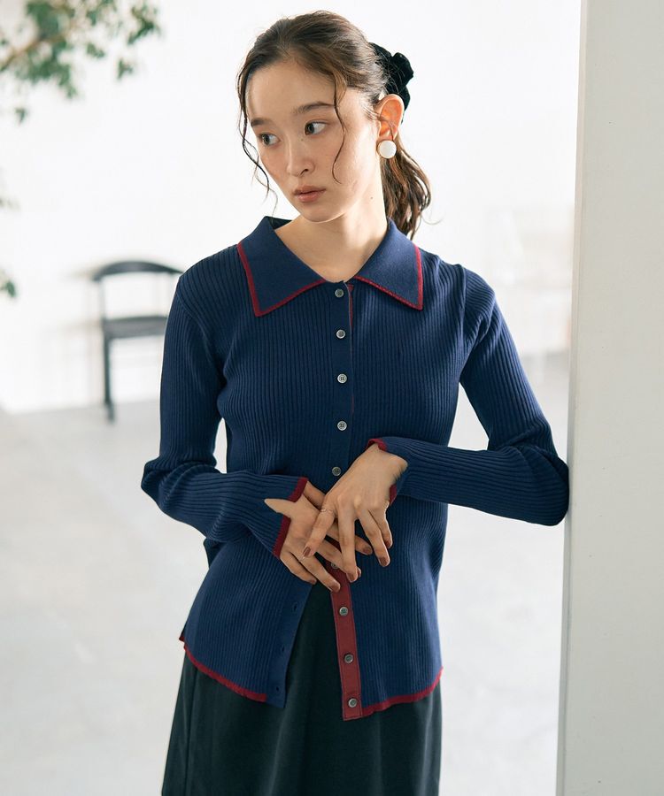 earth music&ecology「【WEB限定】バイカラートリムロングニットカーディガン」|カーディガン|