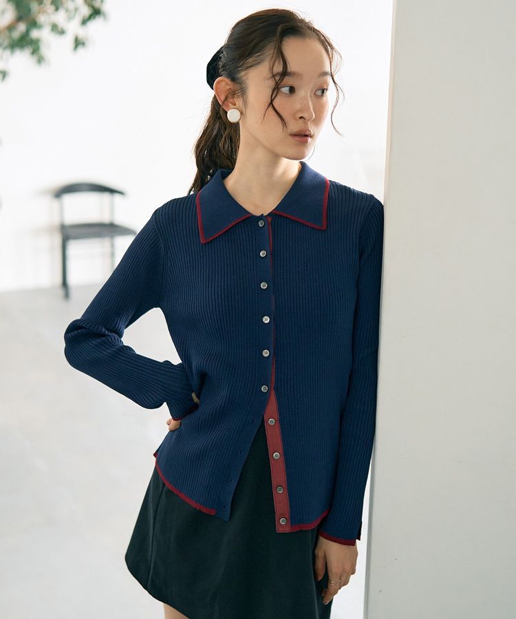 earth music&ecology「【WEB限定】バイカラートリムロングニットカーディガン」|カーディガン|