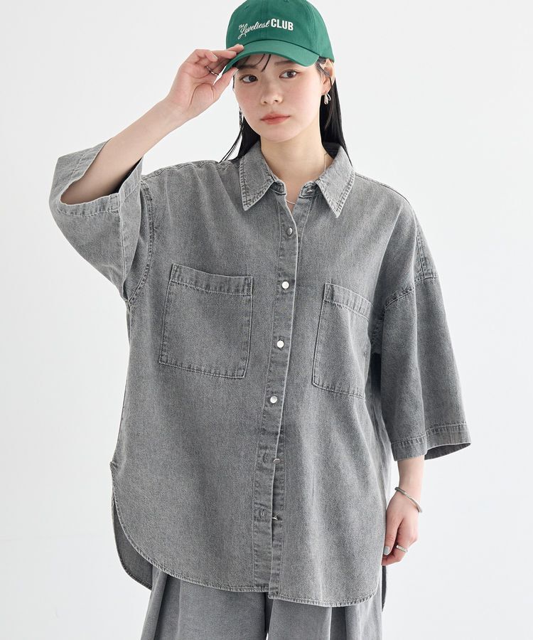 earth music&ecology「5分袖デニムシャツ」|シャツ・ブラウス|Black