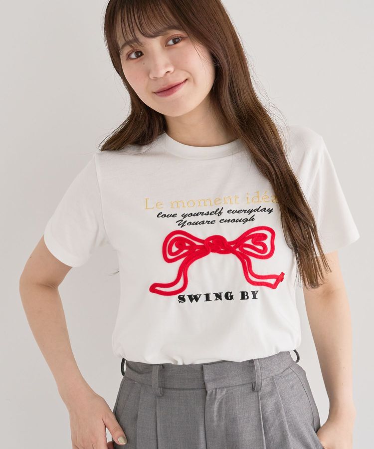 Green Parks「・swing by リボンモチーフコード刺繍TEE」|Tシャツ・カットソー|Off White