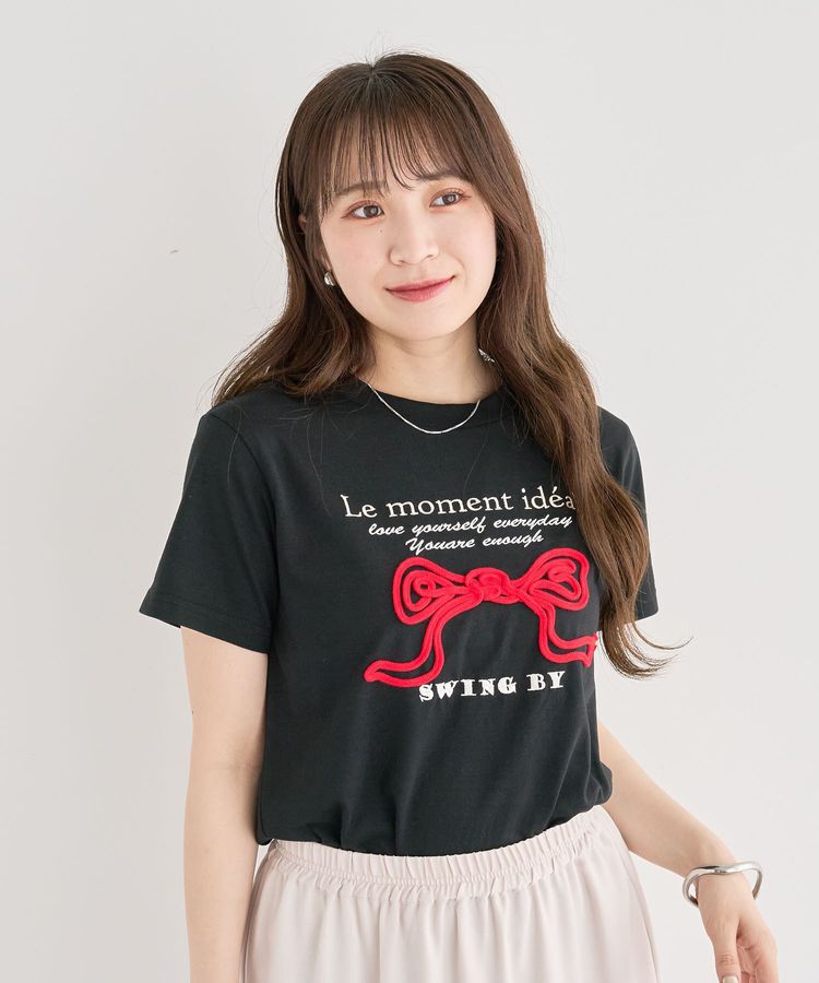 Green Parks「・swing by リボンモチーフコード刺繍TEE」|Tシャツ・カットソー|Black