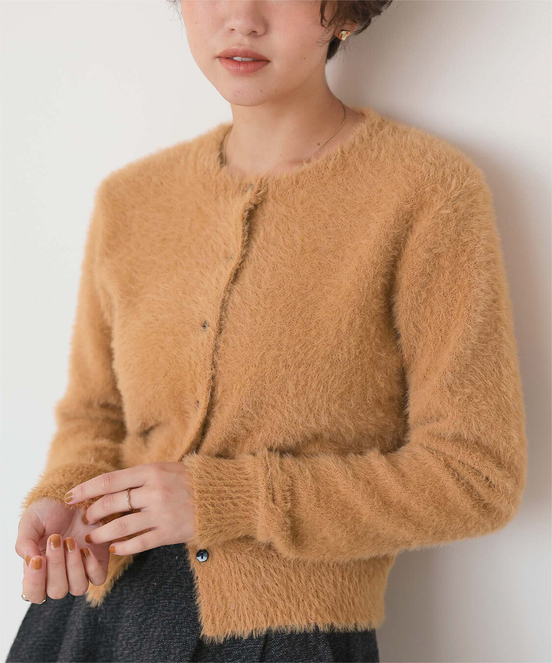 titivate「クルーネックミニシャギーニットカーディガン」|ニット・セーター|キャメル
