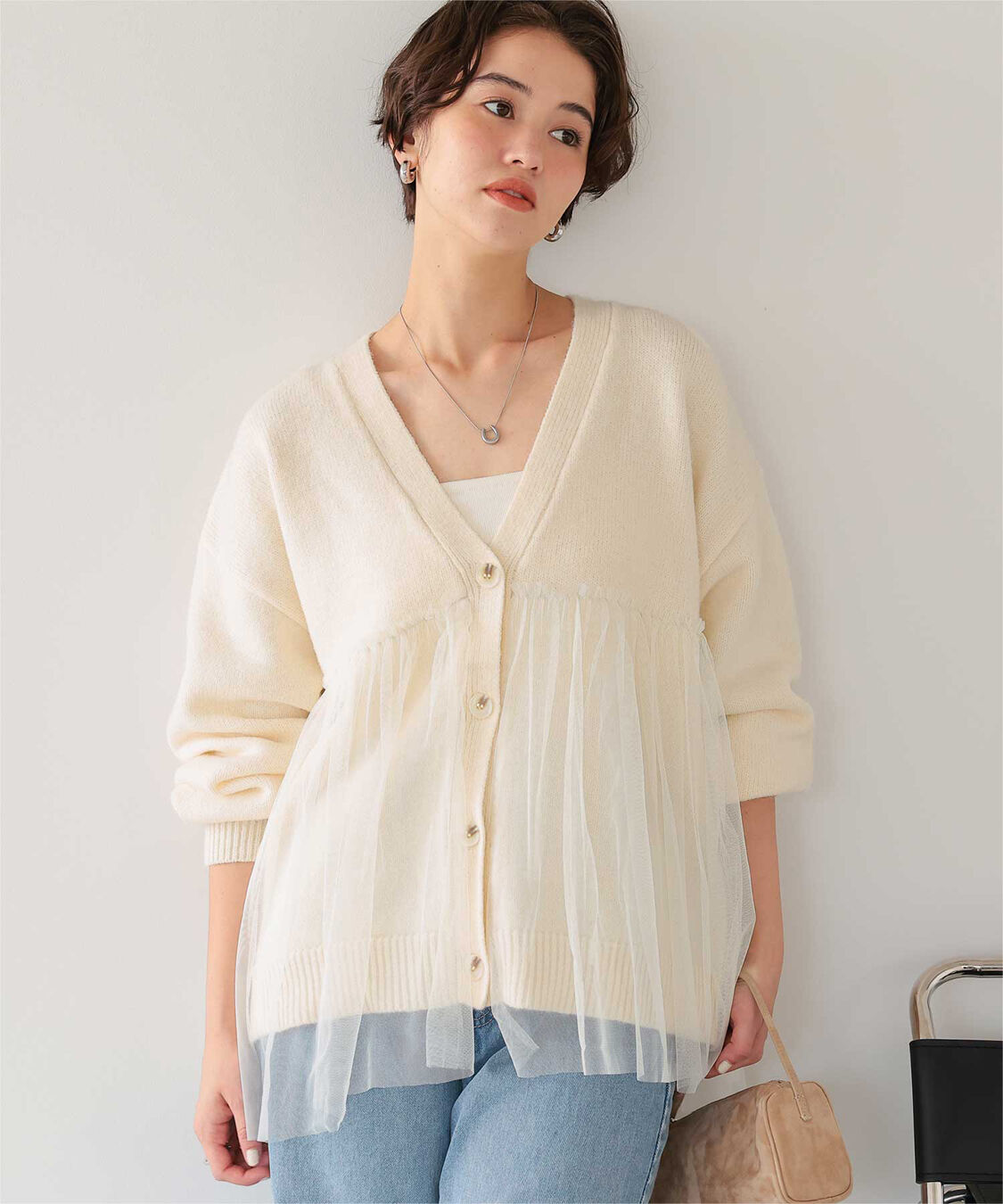 titivate「チュールドッキングVネックニットカーディガン」|カーディガン|